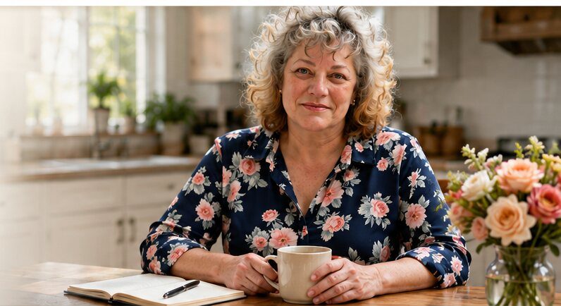 Vivian R. Stone, founder of Before You Find A Lawyer, sitting at a kitchen table with an open notebook and a mug, ready to explain the legal system in plain English