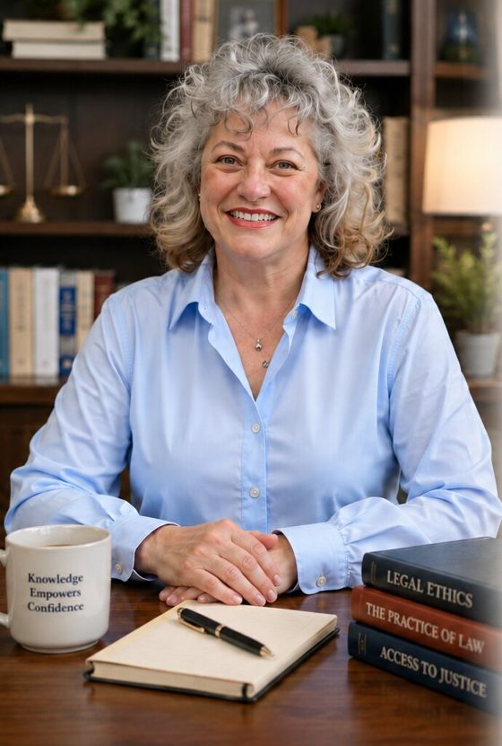 Vivian R. Stone standing beside shelves of law books, holding a mug that reads Knowledge Empowers Confidence